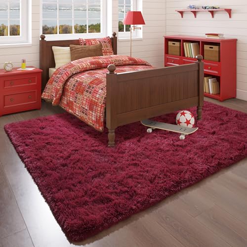 HOMORE Wine Red Rugs for Living Room, 5x8 Feet Fluffy Burgundy Area Rug Modern Shag Rugs for Bedroom, Super Soft Furry Carpet for Kids Room, Cute Rugs and Carpets for Nursery Girls Home Dorm Decor