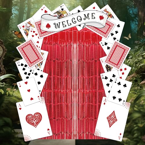 Wonderland Tea Party Door Banner Classic Outdoor Poker Cards Decoration Playing Cards Porch Banners with Red Foil Fringe Curtains Photo Background for Birthday Baby Shower Casino Night Party Supplies