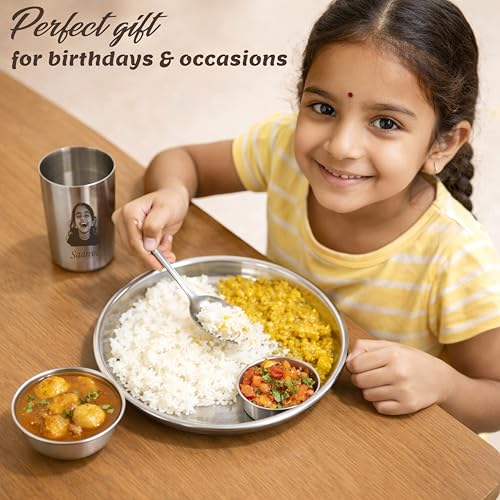 Image of SAVRI Personalized Stainless Steel Dinner Set for Kids - Custom Laser Photo Printed Plate, Bowl, Glass & Spoon with Name & Cartoon Design | 5-Piece Kids Meal Set | Birthday, Return & Daily Gift