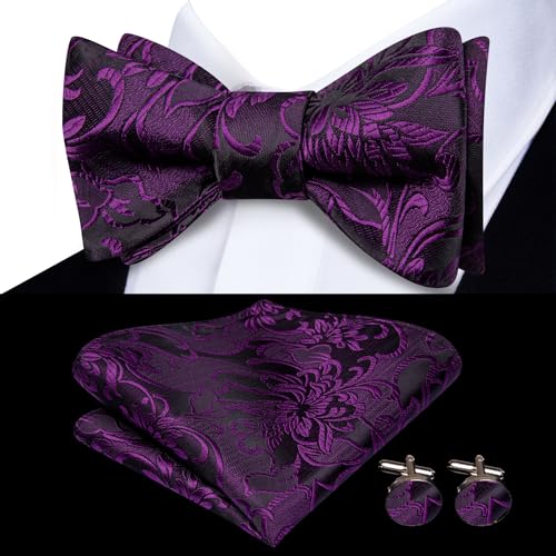 Image of Hi-Tie 5Pcs Mens Solid Color Silk Tie Satin Pretied Bowtie Lapel Pin for Men Handkerchief Cufflink Wedding Gift Box