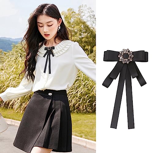 Image of Lace Ribbon Bow Tie Brooch Rhinestone Pearl Necktie for Girl Women Fashion jabot collar brooch pins Pre-Tied Corsage