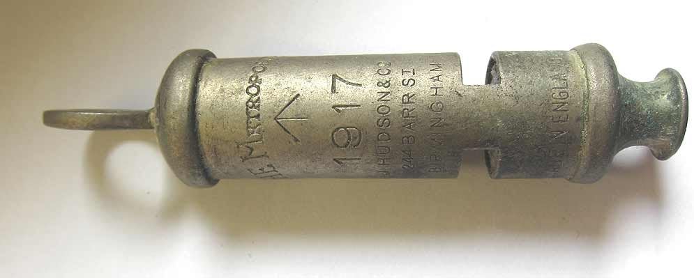 WW1 Whistle 1917 J Hudson & Co Trench Army RFC RAF WWI Metropolitan Aged Nickel