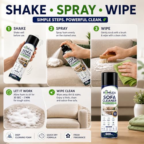 Image of Sofa Cleaner Foam Spray 600ml | Waterless Upholstery Cleaner for Sofa, Carpet, Mattress & Car Seats | Deep Cleaning Foam Removes Stains, Dirt & Odours | Quick Dry Fabric Clean with Fresh Fragrance