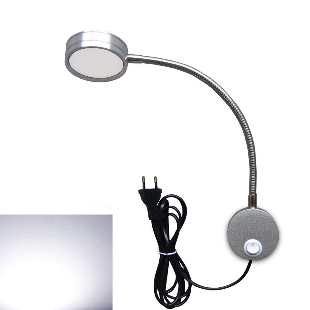 Youngine EU Plug Leselampe, flexible 5W LED Leselampe mit EIN/AUS-Schalter und Stecker, Schwanenhals Nachttischleuchte für Schlafzimmer Büro Hotel, 6000K (Silber-kühles Weiß)