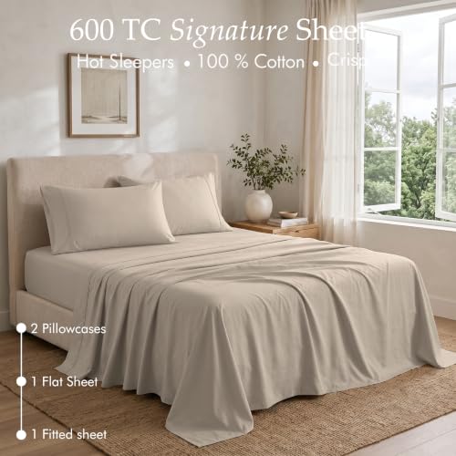 Image of Threadmill 600 Thread Count Cotton Full Sheet Set, Sateen, Taupe, 4-Piece
