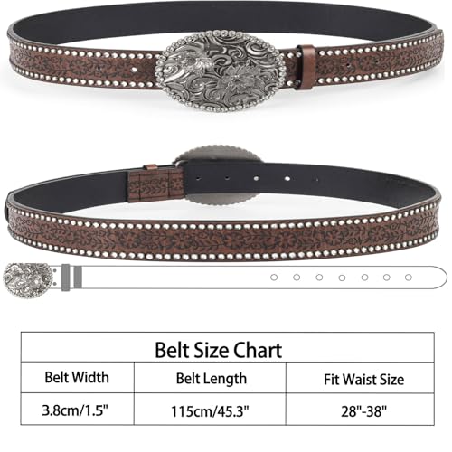 Western-Belts for Women, Men-Belt with Rhinestone Buckle-Belts, Turquoise Carved Pattern Western-Belts2