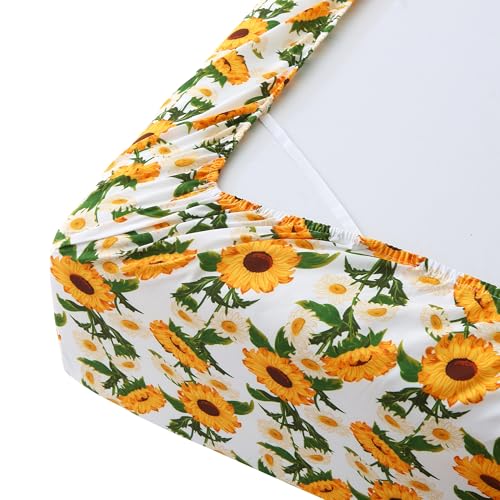 Image of Mooreeke Cozy Vintage Microfiber Printed Floral Full Sheet Set - Soft & Breathable Yellow Sunflower Bed Sheets with Extra Deep Pocket - Non-Slip Fitted Design - Sunflower Pattern - Full
