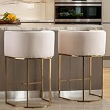 RIVOVA Contemporary Cream Linen Bar Stools Set of 2, 29' Upholstered Fabric Counter Height Barstools Kitchen Counter Island Stools with Screwed Together Golden Metal Base