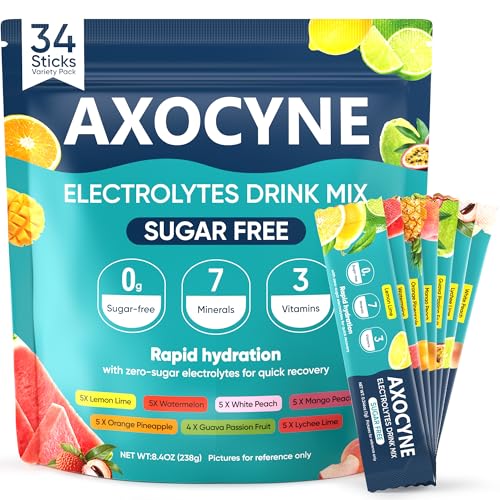 AXOCYNE Electrolytes Powder Packets Sugar Free 34 Sticks Hydration Packets Liquid Daily IV Electrolyte Drink Mixes with Potassium & Magnesium Rapid Rehydration Zero Sugar 7 Flavors