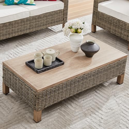 Outdoor PE Wicker Coffee Table with Metal Top 433 Hand Woven Rattan Patio Table for Conversation Set Outdoor Table for Poolside Garden Porch