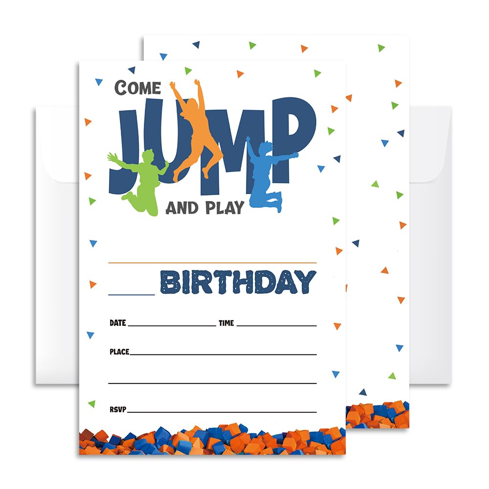 Jump Birthday Invitation Cards with Envelopes Pack of 20 (4" X 6") - Party Invitations for Boys, Girls, Kids, Teens - Slither, Come Jump and Play - Bounce Party Favors Decorations and Supplies. (004)
