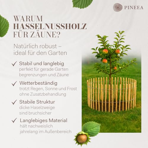 PINEEA Staketenzaun 80 cm Hoch - Holzzaun aus Haselnuss - Wetterbeständiger Gartenzaun 5M Lang - Kastanienzaun für Dekoration und Pflanzenschutz - Lattenabstand 7-8 cm