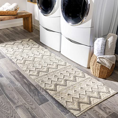 Hauteloom Antigo Wool Hallway, Kitchen Runner Rug - Handmade Bubble Weave - Zig Zag - Bohemian Moroccan Farmhouse - Beige, Gray, Cream - 2'6
