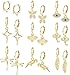 ADRAMATA 9 Paires Boucles d'Oreilles Pendantes Or pour Femme Plaqué Or 14K Hoop Boucles d'Oreilles Plume Papillon Goutte Boucles d'Oreilles Or Créole mit Anhänger