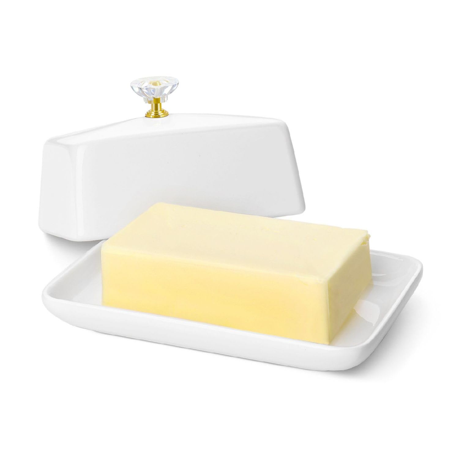 Flexzion Ceramic White European Butter Dish with Crystal Handle Lid Cover for Countertop (7 Inch) - Wide 2 Stick Double Butter Holder for Counter, Cream Cheese Container Storage Keeper