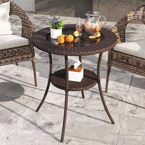 Image of Giantex Round Rattan Wicker Outdoor Coffee Table Glass Top Steel Frame Patio Furniture W /Lower Shelf (Round)