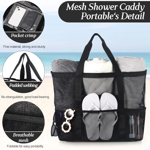 Image of Hillban Large Beach Mesh Bags Bulk for Women Beach Tote Bag with 8 Pocket Zipper Waterproof Sandproof for Pool Cruise Ship