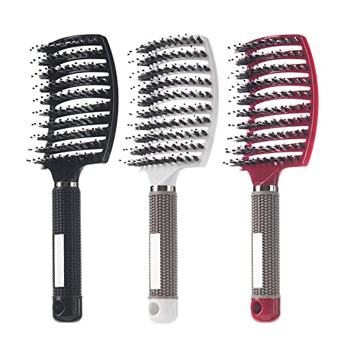 YZDING 3 Pack Boar Bristle Hair Brush, Curved and Vented Detangling Hair Brush For Long, Thick, Thin, Curly & Tangled, Wet & Dry Hair Detangler (Black, White, Red)