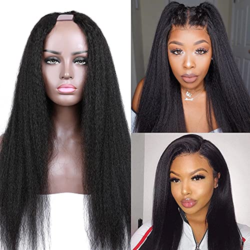 Shengqi U Part Wig Human Hair for Black Women 10A Unprocessed Brazilian Virgin Kinky Straight U Part Wig Glueless Yaki Straight Clip in Half Wig U Shape Wigs 150% Density Natural Color (16 inch)