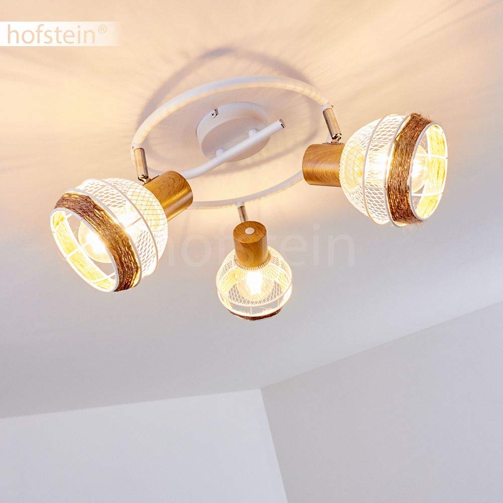 Lámpara de techo Bariloche, lámpara de techo redonda de metal/madera/cuerda de cáñamo en blanco/cromo/naturaleza, 3 llamas, pantallas orientables y giratorias, E27, óptica de celosía, sin bombilla(s)