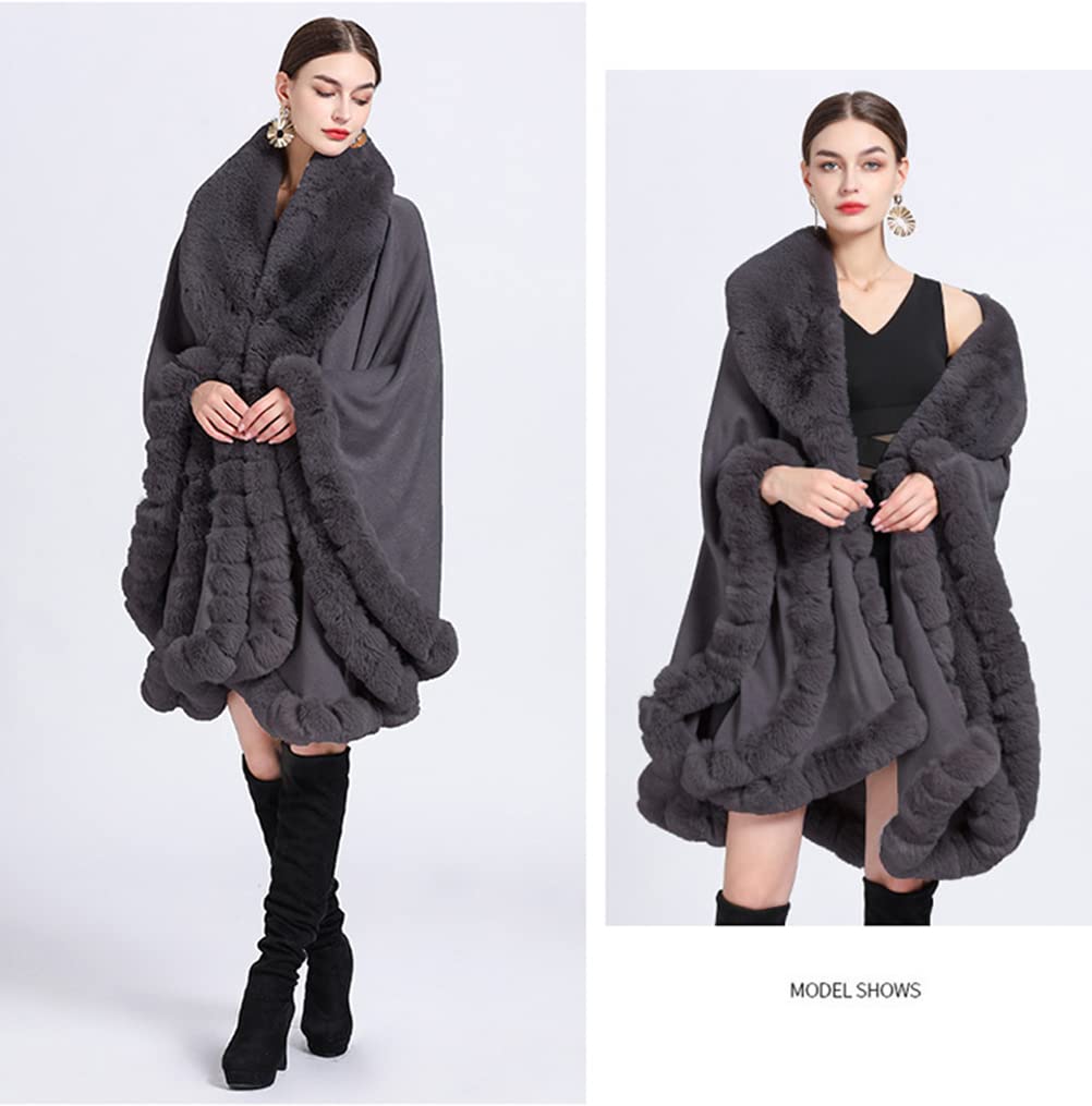 Cape en Fausse Fourrure Manteau de Laine Manches Longue Automne Hiver pour Femme, Manteau d'hiver,Dark Gray