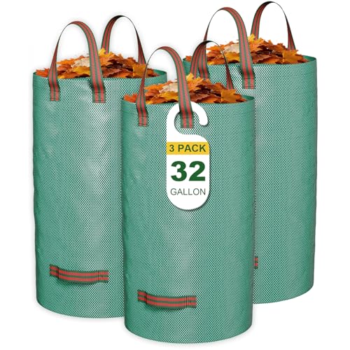 GreatBuddy 32 Gallon Reusable Yard Waste Bag Heavy Duty Upright Lawn Bags with 4 Reinforced Handles for Garden Leaves and Waste Collection Lightweight and Portable (3 Pack)