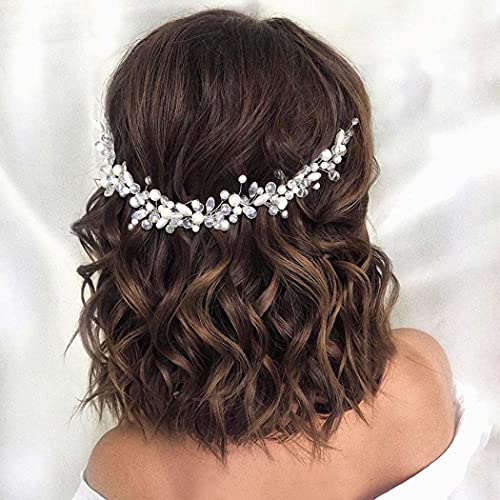 Gorais Crystal Bride Wedding Hair Vine Silver Pearl Bridal Headpiece Rhinestone Headband Hair Accessories for Women and Girls