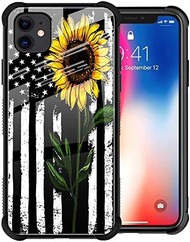 iPhone 11 Case Sunflower and Flag iPhone 11 Case for Girls Women Tempered Glass Black Cover + Soft Silicone TPU Shockproof Bumper Fashion Cute Case for iPhone 11 6.1 inch 2019