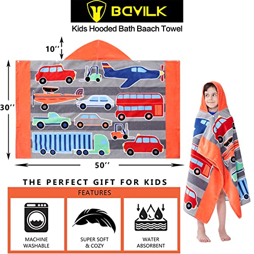 Bavilk Kids Hooded Bath Beach Towel Girls Boys Swim Pool Cover Up Super Absorbent Cute Cartoon Animal Full Vitality (Multi Vehicle) #TOP2