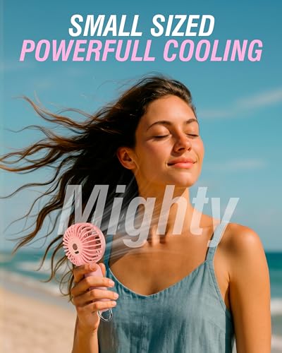Image of SABRENT ChillyPop Mini Portable Handheld Personal Fan, Pink (HF-M2WH-RSE) | USB-C rechargeable, 3 speeds, Up to 8 hrs on low, Metal hanger included, Pocket-sized, Quiet gentle airflow, Travel & makeup