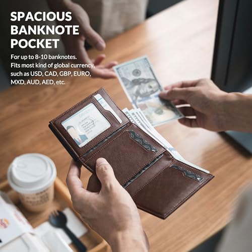 Image of VULKIT Mens Card Holder Wallet With Coin Pocket Magnetic Closure Pop Up Cards With Id Window Leather Wallet For Cash & Credit Cards, Espresso, One Size, Contemporary | with Coin Pocket