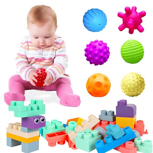 Image of ROHSCE Massage Ball Gift Set BPA Free for Toddlers 1-3 Soft Balls Montessori Infant Baby Toys 6 to 12 Months and Soft Building Blocks for Toddler