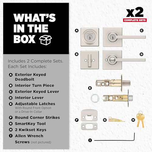 Image of Kwikset Casey Square Front Door Lock Handle and Deadbolt Set, Entry Exterior with Interior Reversible Lever, Satin Nickel, Project Pack, Pick Resistant SmartKey Rekey Deadbolt Security