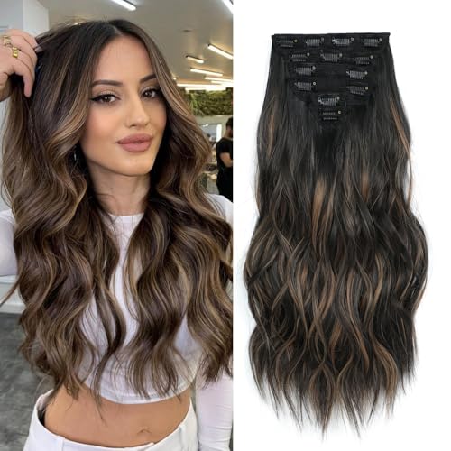 Fliace Synthetic Clip in Hair Extensions, 6PCS Natural &Soft Hair& Blends Well Lonng Wavy Hairpieces(20inch,6pcs, Black&Dark mix light brown)