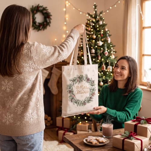 Image of Paterr 12 Pcs Neutral Christmas Canvas Tote Bags Bulk Reusable Christmas Gift Bags with Handles Xmas Reindeer Snowman Canvas Handbags for Women Xmas Gifts Church Farmhouse Party Decor Supplies