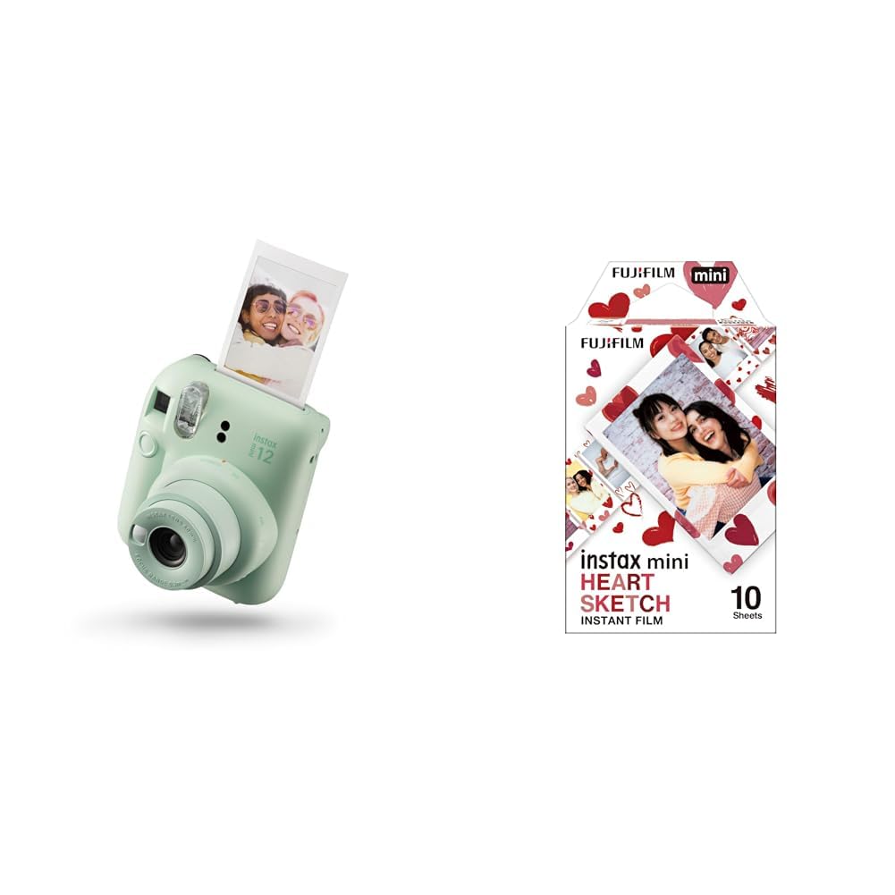 Fujifilm instax mini 12 Mint Green - Macchina Fotografica Istantanea & instax mini film 10 shot pack, bordo CUORI