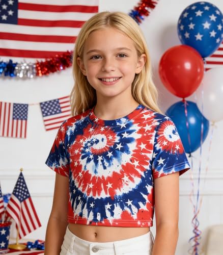 Image of Tkria Girl Crop Tops July 4th Crewneck Tshirt American Flag Patriotic USA Flag Girls Outfit Clothes Size 6-14