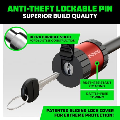 Image of Rhino USA 2 inch Trailer Hitch Pin - Patented Locking Receiver Pin for Class III /IV Hitches - Weatherproof, Anti-Theft, Debris-Protected - Tow Truck Ready - Red 1PK