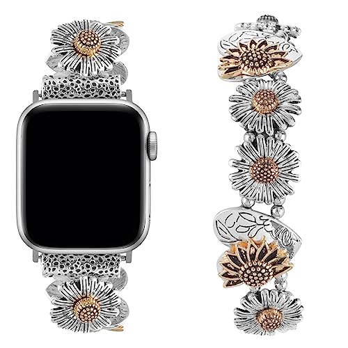 Stretchy Metal Bracelet Bands Compatible with Apple Watch Band 38mm 40mm 41mm, Women Fancy Elastic Sunflower Heart Dressy Stainless Replacement Wristband Strap for iWatch Series 9 8 7 6 5 4 3 2 1 SE (38/40/41mm M, Silver Gold Flower)