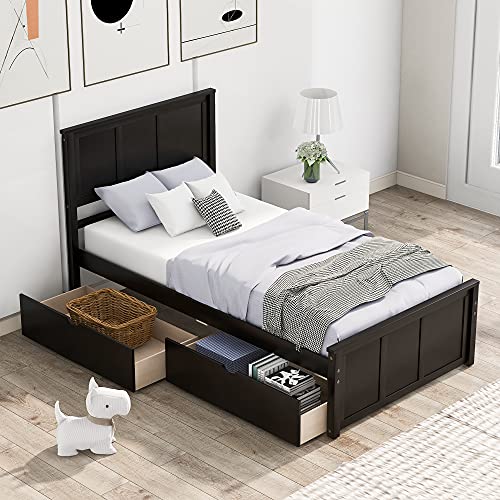 Buy Twin Bed with Storage Drawers, Solid Wood Platform Bed Frame with