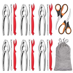 Hiware 20-piece Seafood Tools Set includes 6 Crab Crackers, 6 Lobster Shellers, 6 Crab Leg Forks/Picks and 2 Seafood Scissors & Storage Bag – Nut Cracker Set