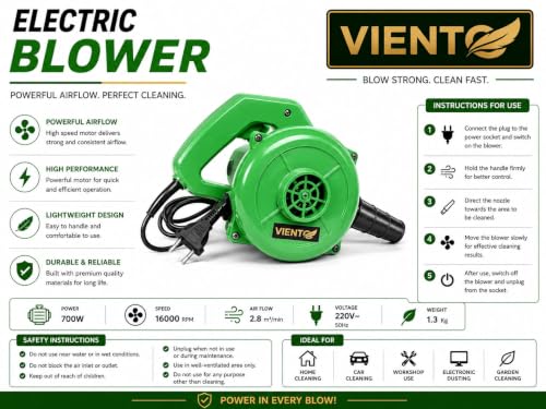 Image of 700W Electric Air Blower for Dust Cleaning High Speed Portable Handheld Air Blower with Extension Nozzle for PC Laptop Keyboard CPU Car Interior Home Office Workshop Cleaning (Green)