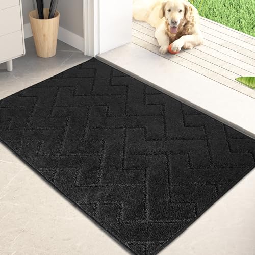 PURRUGS Dirt Trapping Door Mat 24" x 35.5", Non-Slip Machine Washable Entry Rug, Shoe Scraper, Dog Doormat, Super Absorbent Welcome Mat for Front & Back Door, Muddy Wet Shoes & Paws, Black
