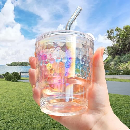 Image of WEZOSHINET Glass Tumblers with Straws and Lids Coffee Sipper Mug with Wide Mouth, Rainbow Glass Drinking Mason for Iced Tea, Juice, Cocktail, Cold & Hot Beverages Cups (Rainbow Bubble Mug /Pack of 1)