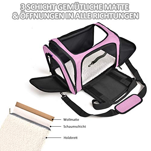 Qlfyuu Transporttasche für Katze Hund, Faltbare Tragbar Katzentransportbox Hundetransportbox für Mittel Kleine Haustiere Katzen Hunde, Katze Tragebox Tragetasche bis 15lbs(Rosa, Medium)