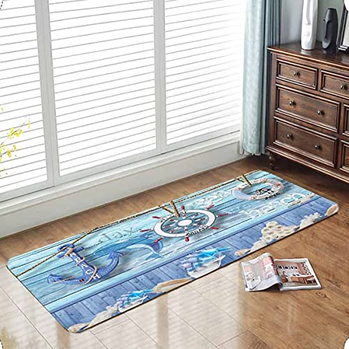 Bath Rugs Sponge Foam Absorbent Soft for Bathroom and Kitchen (47x18 inches), Flannel Mat Non Slip Bright 3D Print for Bedside and Living Room(Nautical Anchor Helmsman) - Image 4
