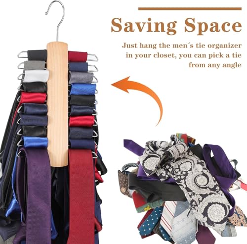 Image of ROLLYWARE Wood Tie Hanger, Rust Resistant Wooden Necktie Organizer with 20 Swivel Hooks, 360 Degree Rotation, Space Saving, Ideal for Closet Storage (1, Natural Wood)