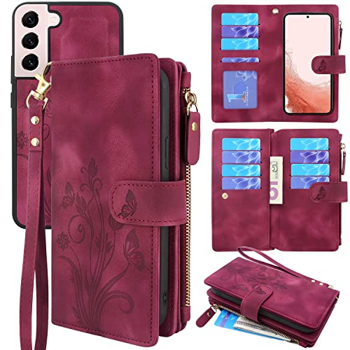 Lacass for Samsung Galaxy S22 Case [12 Card Slots] ID Credit Cash Holder Zipper Pocket Detachable Magnet Leather Wallet Cover Wrist Strap Lanyard Carrying Pouch(Floral Wine Red)
