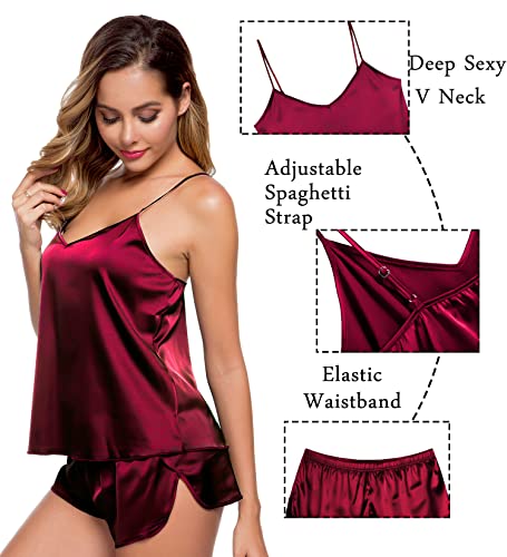 Image of SWOMOG Womens Silk Satin Pajamas Sets 4pcs Sleepwear Sexy Cami Shorts Set and Button Down Short Sleeve Pjs Loungewear Wine Red X-Small