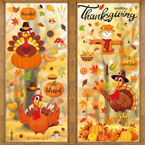 Fall Thanksgiving Window Clings 6 Sheets Large Turkey Fall Leaves Reusable Window Decals Stickers for Home Autumn Thanksgiving Party Decorations Supplies (Turkey)